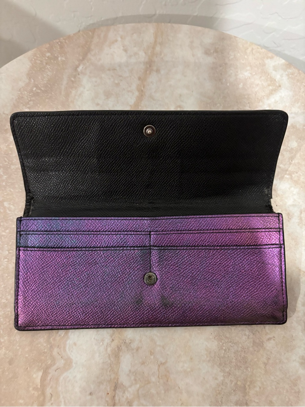 COACH Metallic oil slick Purple Leather long continental fold over snap Wallet - Picture 9 of 12